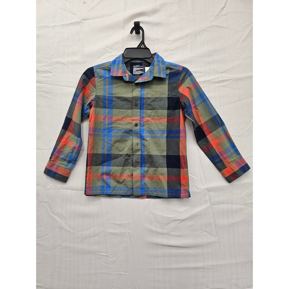 Cat & Jack Kids Boys Green Blue Orange Plaid Button Down Shirt Size S 6/7